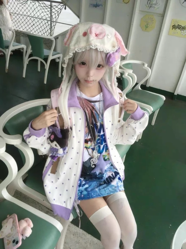 HOUZHOU Y2k Weiß Cutecore Juminocore Polka Dot Frauen Zipper Hoodies Süße Langarm Japanischen Stil Mantel Kawaii Lose Beiläufige