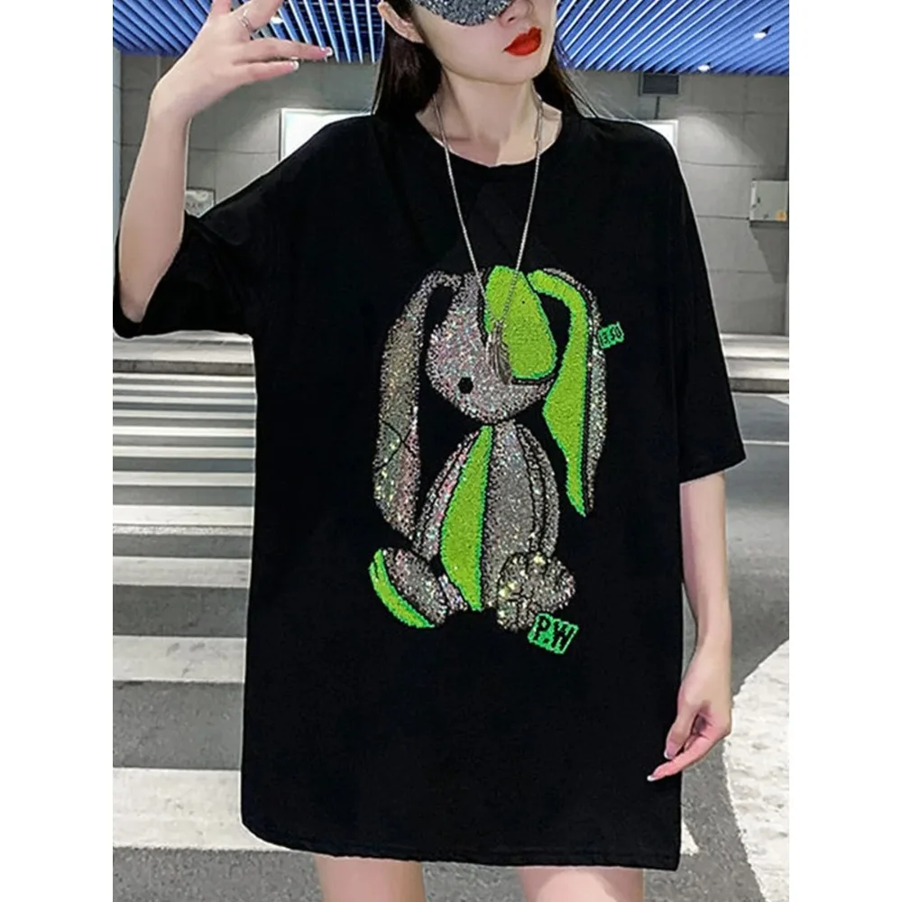 Plus-size Cool Black Tshirt Streetwear Summer Diamonds Rabbit T Shirt Women Harajuku Short Sleeves Tops Tee Funny Hip Hop