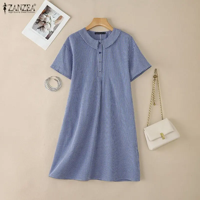 

Женские короткие платья с короткими рукавами, клетчатое платье длиной до колена с отложным воротником и полузастежкой на пуговицы ZANZEA, летние повседневные платья для женщин
