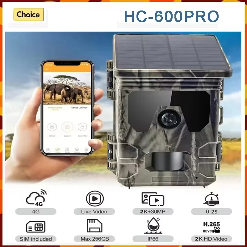 

New Solar Charging hunting camera 4G HC-600Pro 2K 30MP outdoor APP online browsing video supporting 256GB No Glow Night Vision