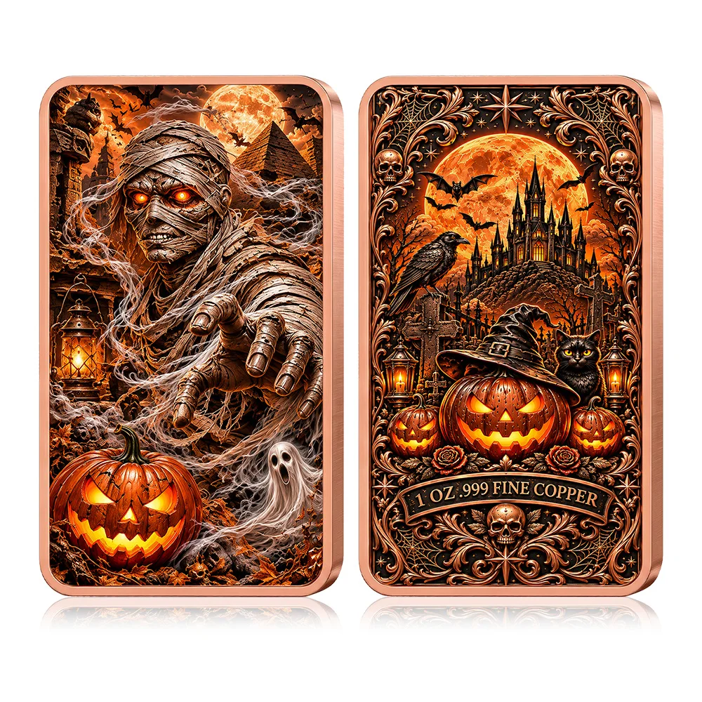 1oz .999 Fine Copper Halloween Pumpkin Bar 8 Style Colorized Ghost Witch Skull Scarecrow Werewolf Dark Art Collectible Gift