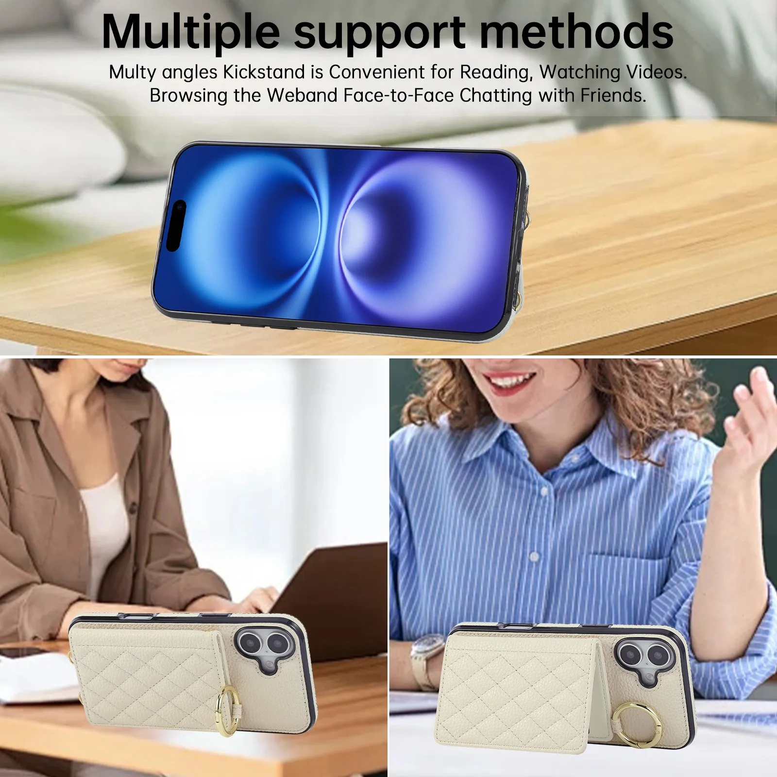 Elegant PU Leather Phone Case With Finger Ring&Shoulder Strap For Women For iPhone 17 16 15 13 12 11 8 7 6 Plus Pro Max 16e 17e view 4