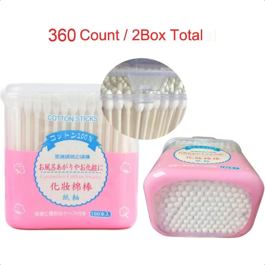 생분해성 종이 스틱 면봉 360개입 친환경 메이크업 면봉 (박스 포장, 뾰족한 끝 + 둥근 끝, 안전하고 강력한 흡수력)