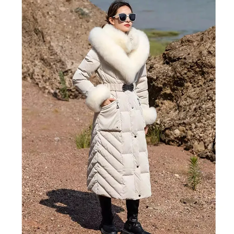 High grade Fur down Jacket Women 2023 New Real Fox collar Long White duck down Jacket Fashion Slim Thicken Hooded Parka Overcoat