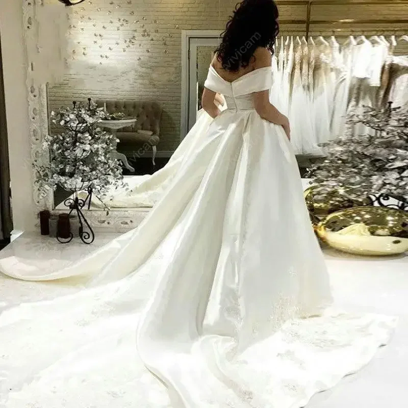 맞춤형 심플 오프숄더 A라인 웨딩드레스 스윕 트레인 레이스 베스티도스 데 노비아 신부 드레스