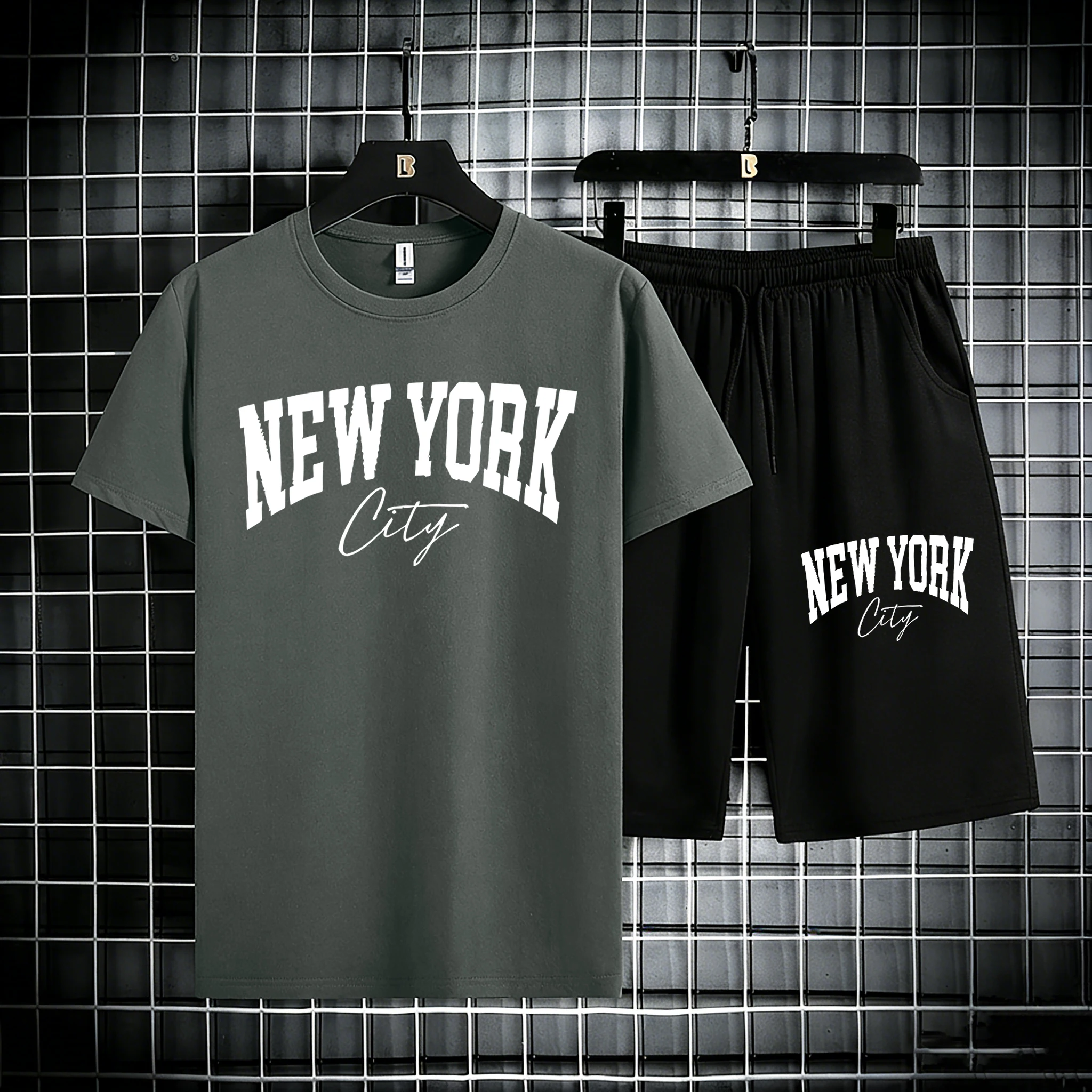 

New York City Letter Eye-Catching Print Man'S Cotton Summer Simple Tees Set Casual Stretch Short Pants Fashion Office Tee Shirts