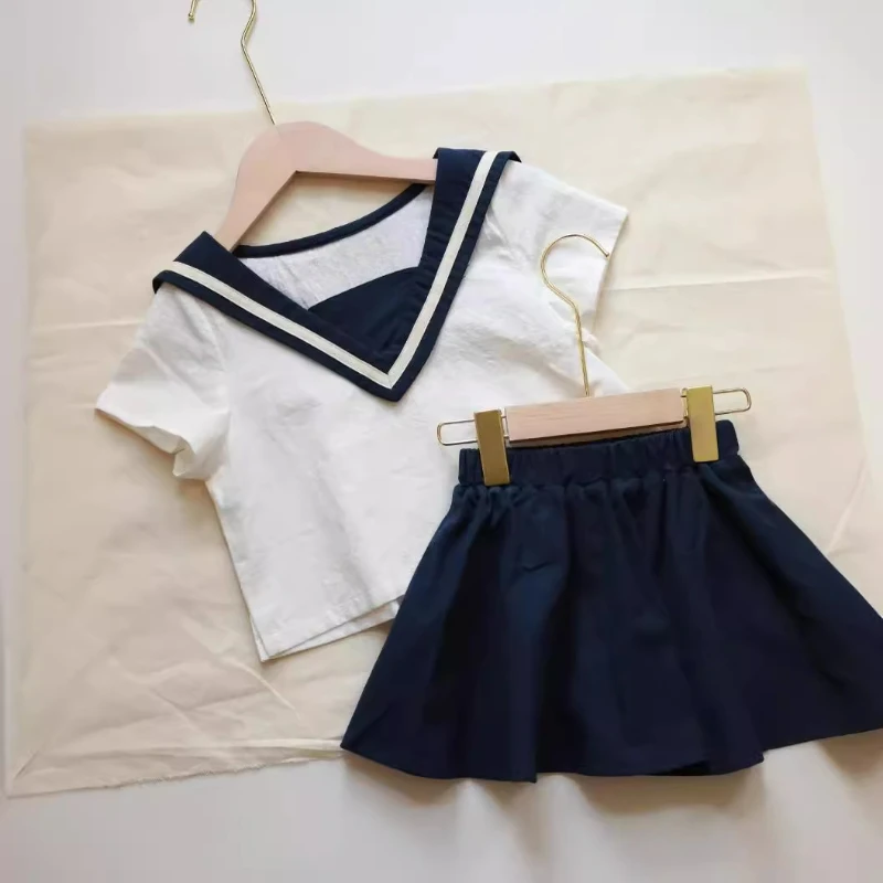 

Girls' Baby Summer Matching Outfit Class A Pure Cotton College Style Suits New Girls Ins Style Top Skirt Two-Piece Sets 2024