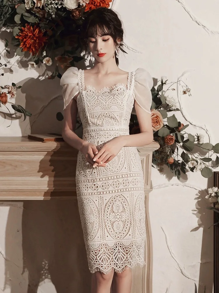

Senior Lace Puff Sleeve Vintage Dress Lady Square Neck Crochet Dress Women French Romantic Dinner Party Banquet Elegant Vestidos