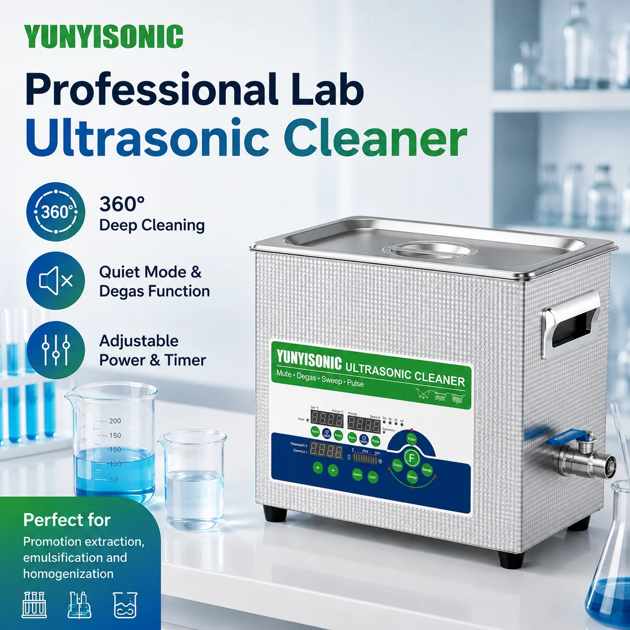 YUNYISONIC 80kHz Laboratory Ultrasonic Cleaner High-End Quiet Sweep Adjustable Power for Lab Equipment