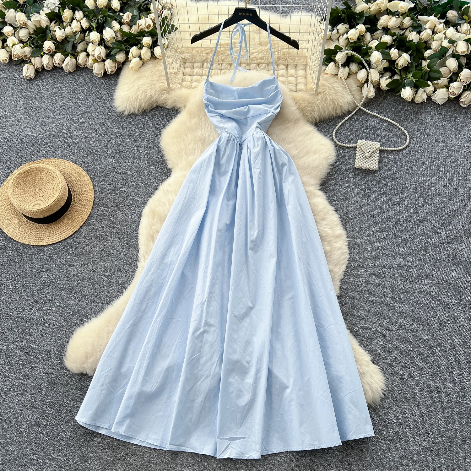 Chic Sexy swinging collar halter sleeveless Ruched Fairy A-line loose Summer  Women Boho Sundress  women clothing