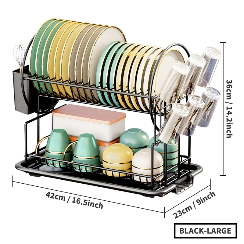 2 tier dish drying rack drain board set tableware drainer Kitchen countertop storage rack cup holder Knife and fork holder