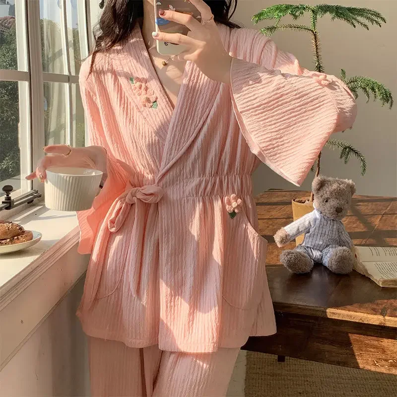 Autumn New Women Long-Sleeved Cotton Thin Pajamas Comfort and Casual Home Wear Loose Breathable Two-Piece Suit 2023