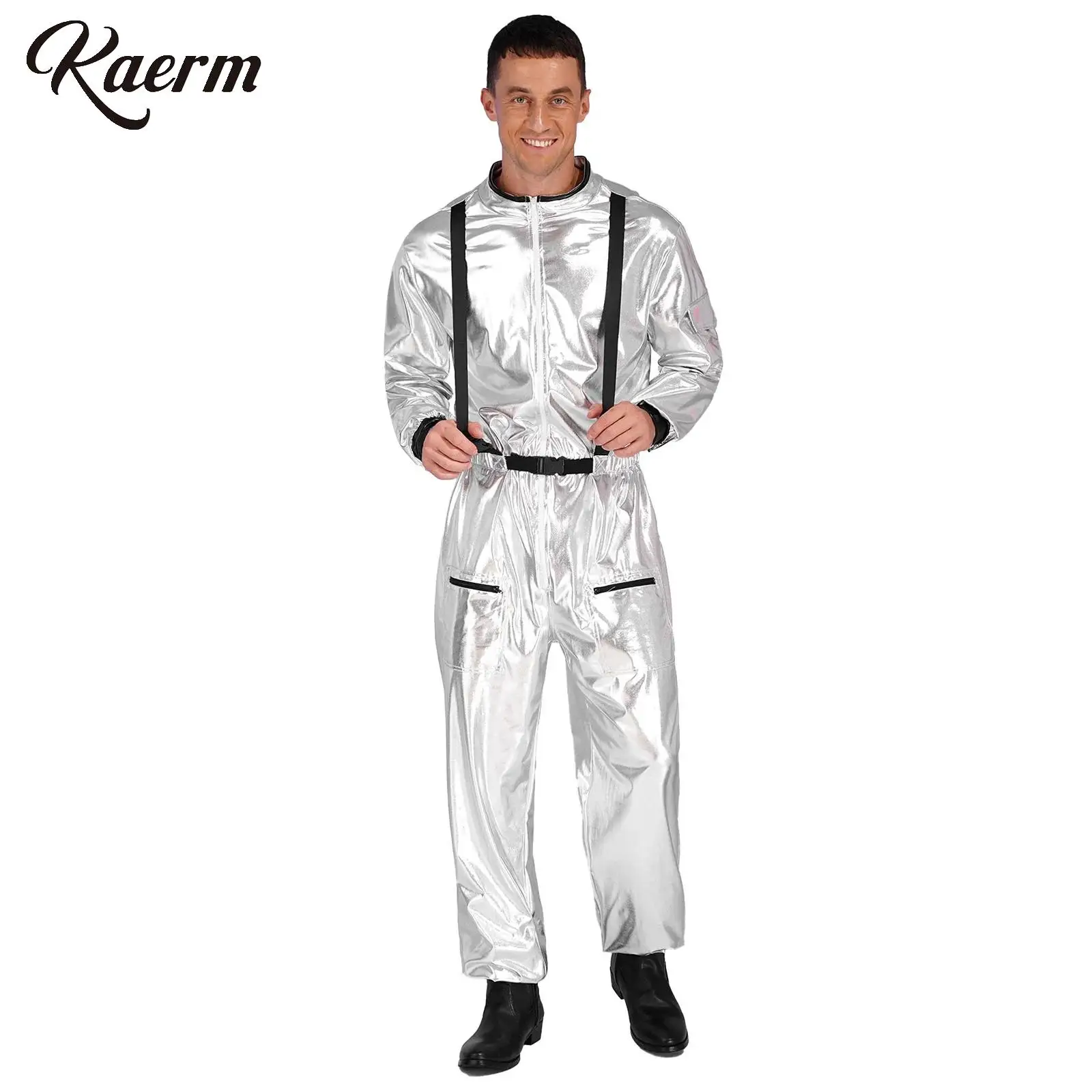 

Mens Astronaut Role Play Outfit Halloween Carnival Party Costume Metallic Shiny Mock Neck Long Sleeve Jumpsuit Zipper Bodysuit