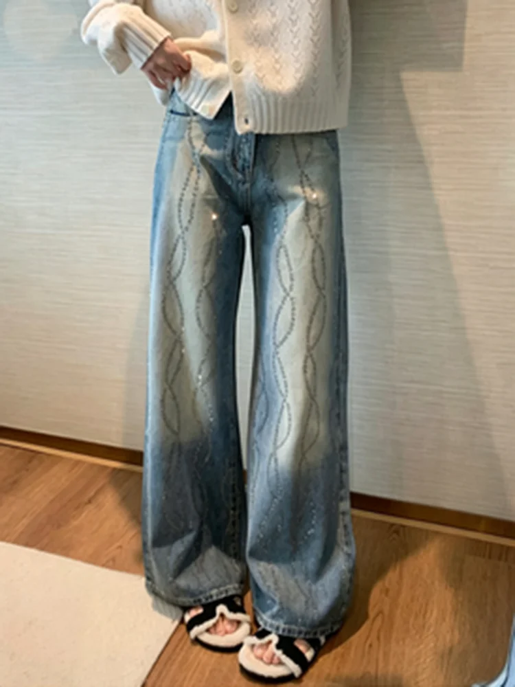 Y2K Vintage Distressed Full Diamond Hot Stamping Wide Leg Jeans Women Spring Versatile Casual Straight Leg Pants