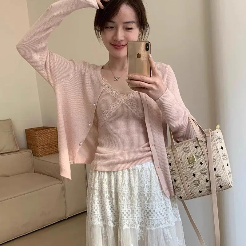 시크한 브이넥 긴 소매 레이스 트림 니트 오픈 가디건 투피스 세트 여성용 캐주얼 봄 가을 순색 상의