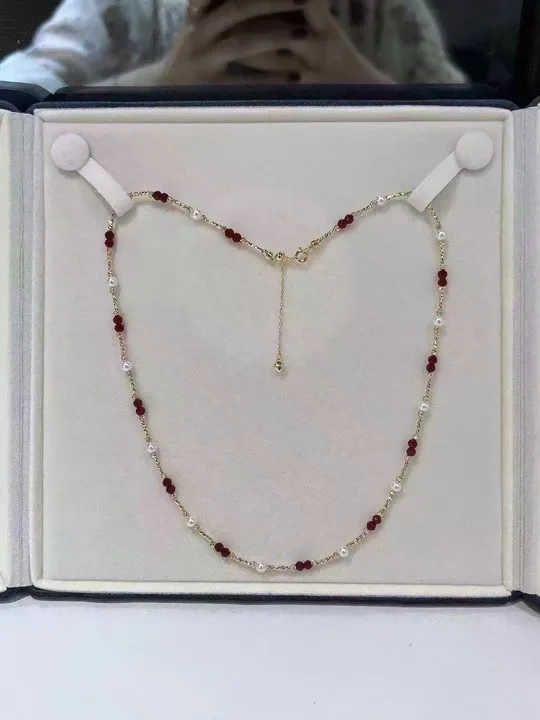 

Timeless Luxury 925 Sterling Silver 18K Gold Plated Necklace with 4-5mm Akoya Pearls & Ruby Accents Dropshipping