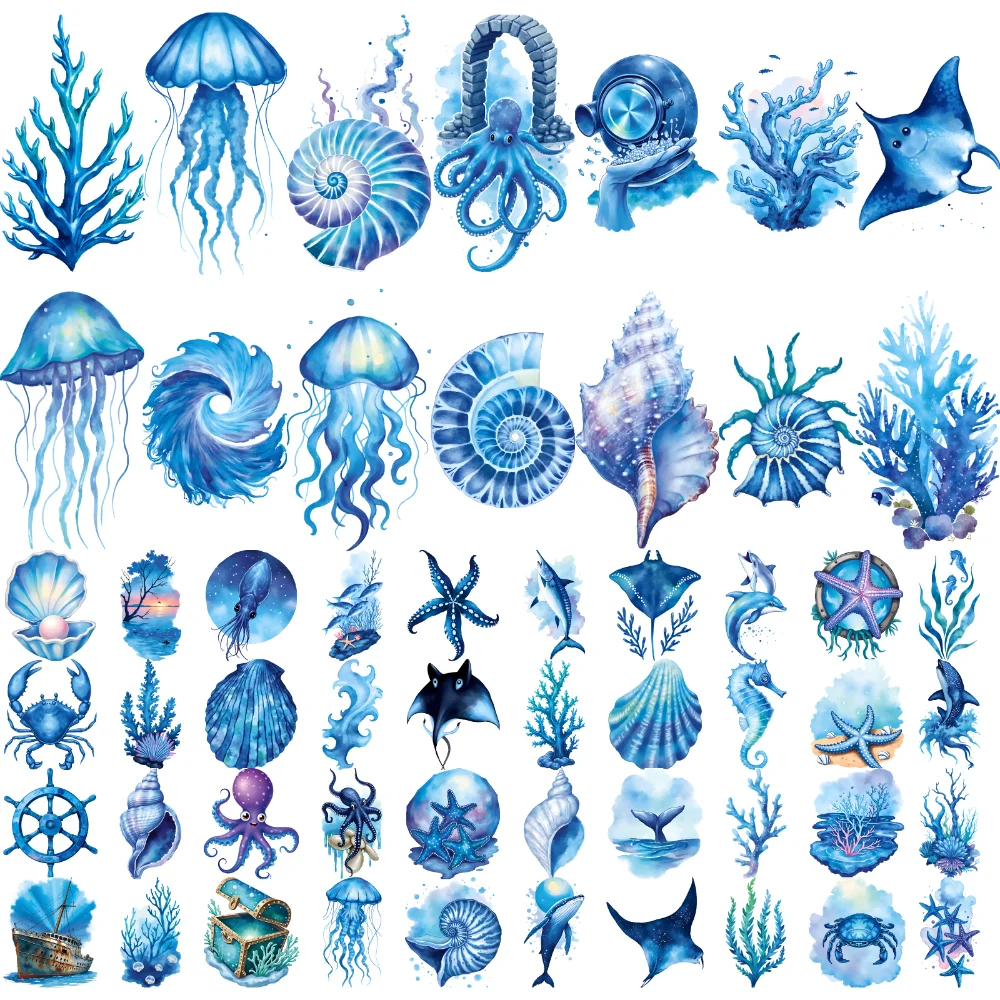 

63pcs Temporary Tattoo Underwater Themes Watercolor Sea Creatures Nautical Symbols Waterproof Long-lasting Body Stickers For