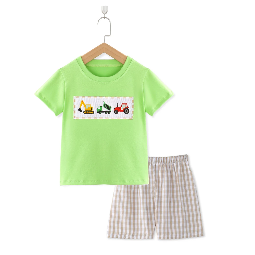 

Cartoon Gingham Print Car Cute Embroidery Smocked Short sleeve Baby Children Clothing Toddler Outfits Boys Set Children's Sets