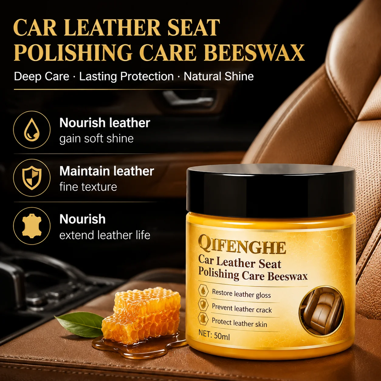Car Leather Seat Polishing Car With Cleaning Sponge | Polishes and Nourishes, Quick Shine, Extends Leather Lifespan - Suitable