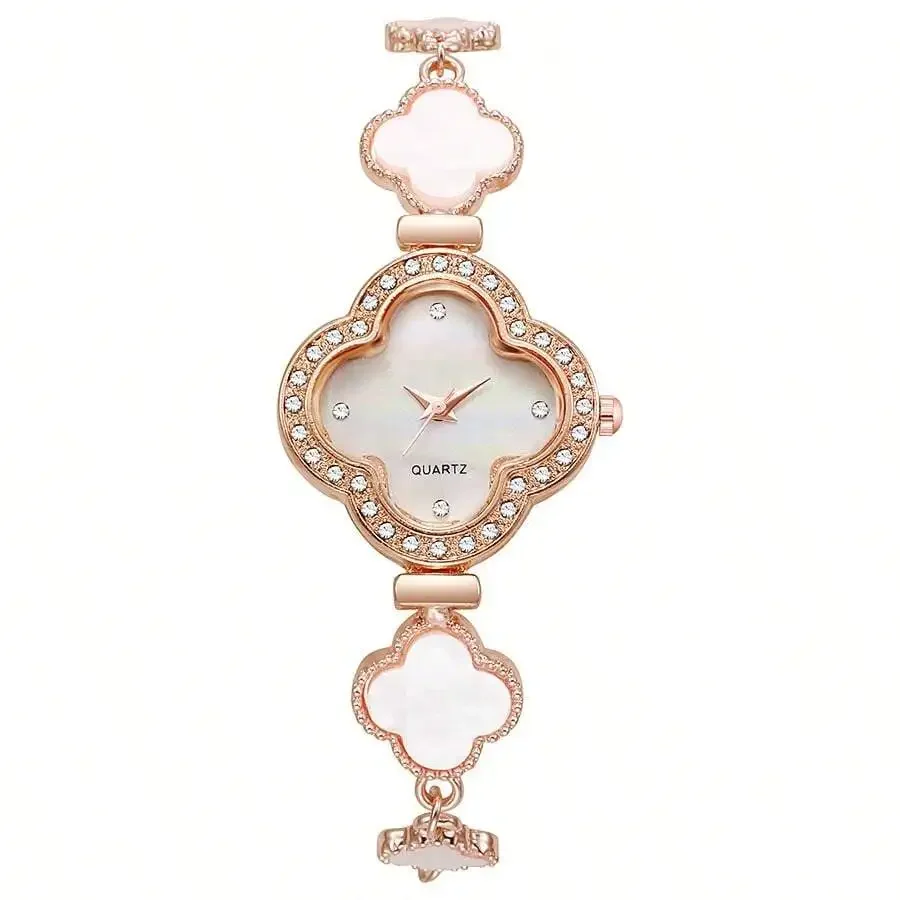 

Rose Gold Tone Clover Rhinestone Quartz Watch For Women Mother Of Pearl Dial Elegant Dress Wristwatch