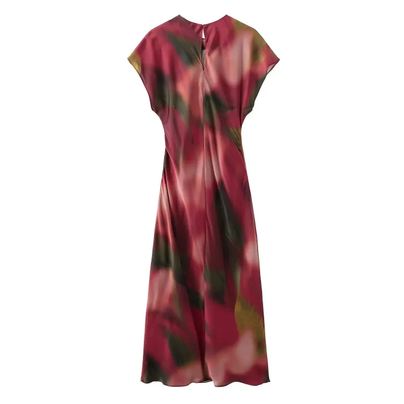 Wiosenna Nowa Damska Sukienka Midi z Okrągłym Dekoltem, Podkreślająca Talia, z Jedwabnej Satyny o Teksturowanej Wzorzystej Tkaninie, Codzienna Luźna Uniwersalna Spódnica