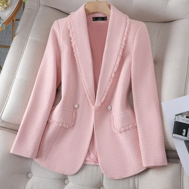 Pink Long Sleeve Jacket Suit Women\'s Blazer Double Breasted Tweed Blue White Coat 2024 New In Outerwears 신상재킷