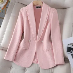 Pink Long Sleeve Jacket Suit Women's Blazer Double Breasted Tweed Blue White Coat 2024 New In Outerwears 신상재킷