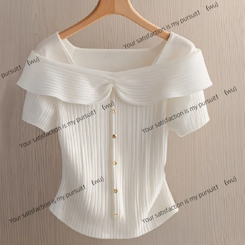 

ZOCI-темпераментная женская элегантная рубашка в стиле ретро с открытыми плечами и квадратным воротником, однотонная вязаная футболка-кардиган