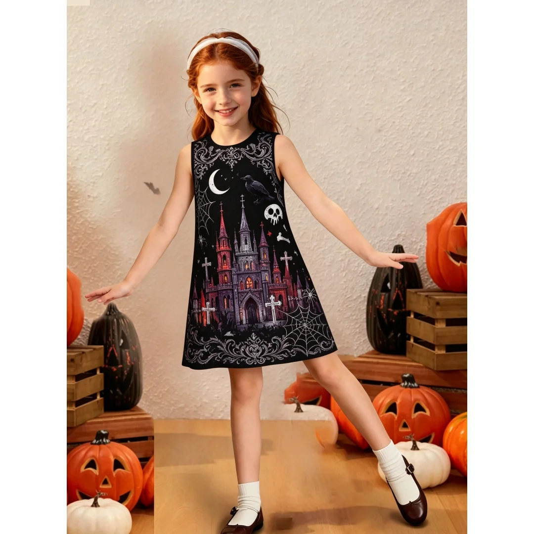 Toddler Kids Sleeveless Shift Dress Black Cute Pumpkin Ghost Cat Bat Spider Halloween Print Outfit for Festival Party Daily Wear