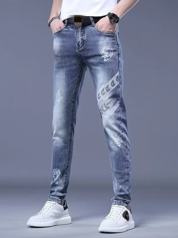 

Slim Fit Casual Men's Jeans Trendy High Print Long Pants Spring Autumn Fashionable Comfortable Cotton Stretch Denim Shorts