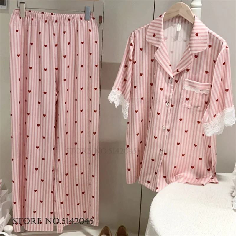 

Женские пижамы с милым принтом в полоску и сердечки, комплекты для сна, летние пижамы, сексуальное кружевное белье, домашняя одежда, одежда для сна