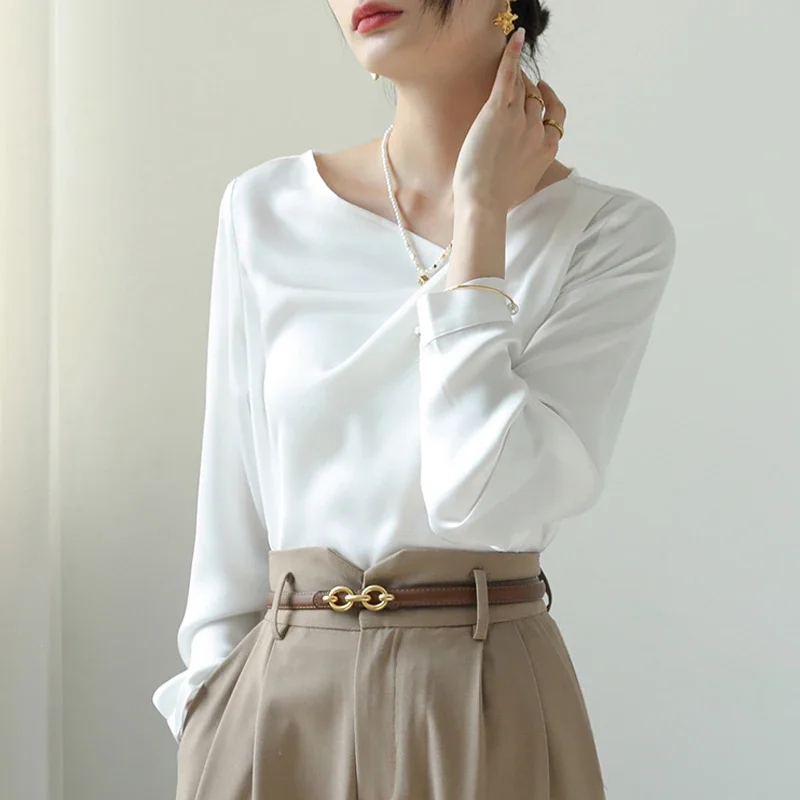 Satin Women\'s Shirts New Silk Solid Casual Blouses Loose Spring/Summer Ladies Clothing FASHION Long Sleeves White Tops