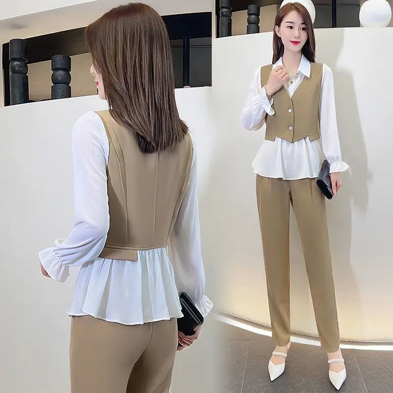 Fashion Lapel Shirt Fake Two-piece Top Spring Autumn New Vest Pants Long Sleeved Women\'s Two-piece Set M-4XL