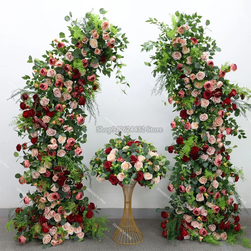 

Искусственный цветочный букет 2,3 м: ретро-красные розы, зеленые растения, цветочные композиции, декор для свадебной сцены, вышитый шар