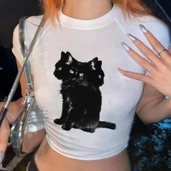 Gato Vintage feminino estampa blusa cortada, camiseta casual do bebê, streetwear, estética, camiseta de manga curta, roupas góticas, menina emo, y2k