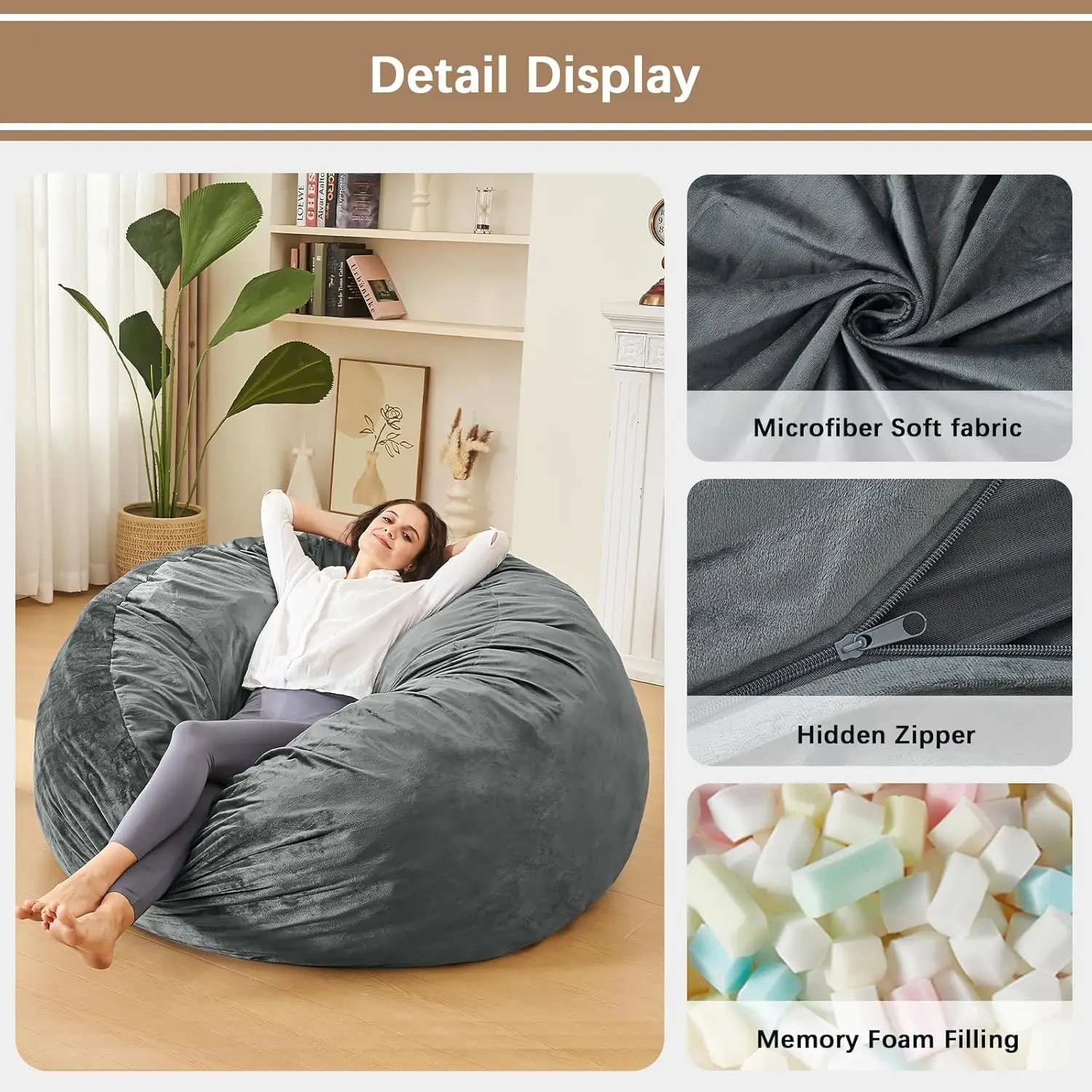 3 Feet Round Microfiber Bean Bag Chair for Adults Memory Foam Filled, Fluffy Floor Sofa for Bedroom College Dorm Living Room Grey