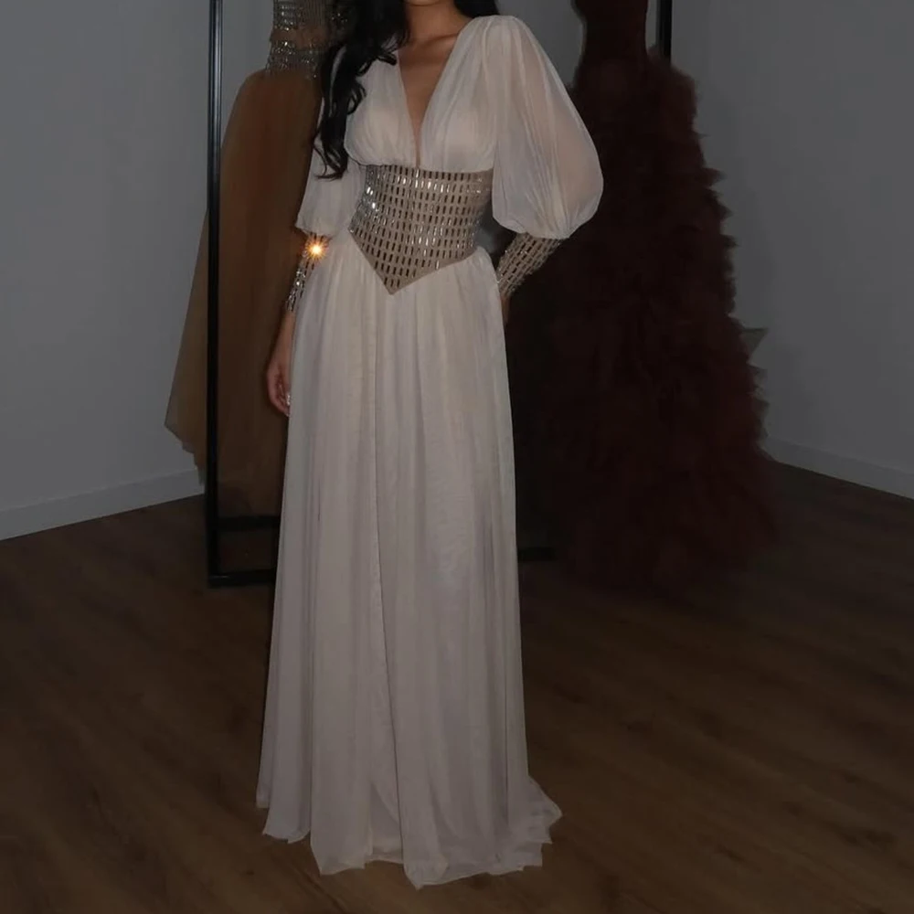 

Customized A-line Evening Dresses Floor-length V-neck Full Sleeve Prom Gown Fashion Crystal Simple Draped Exquisite Party Gown