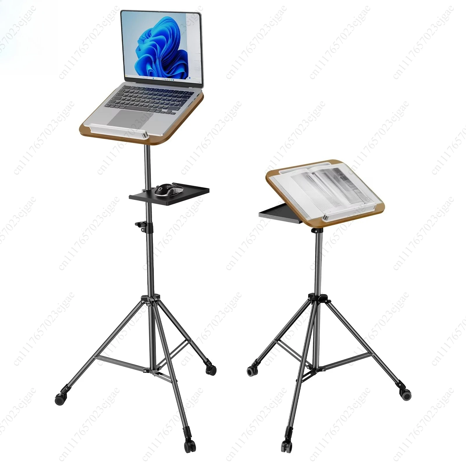 Portable laptop stand, wooden tripod, floor standing mobile desk, rolling desk for home office