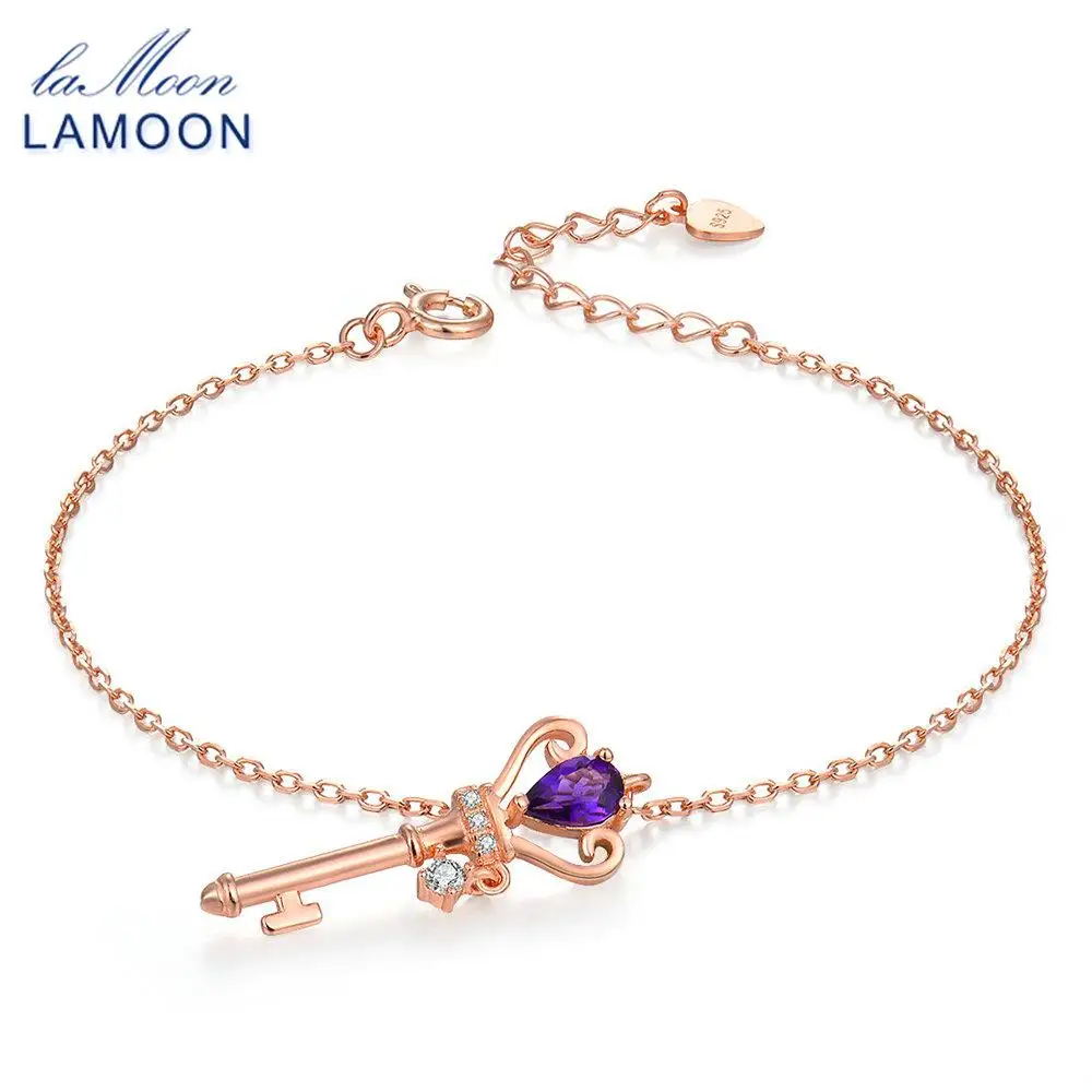 LAMOON Crown Key 6x4mm 0.4ct Natural Teardrop Amethyst 925 Sterling Silver Jewelry Rose Gold Plated S925 Charm Bracelet LMHI024