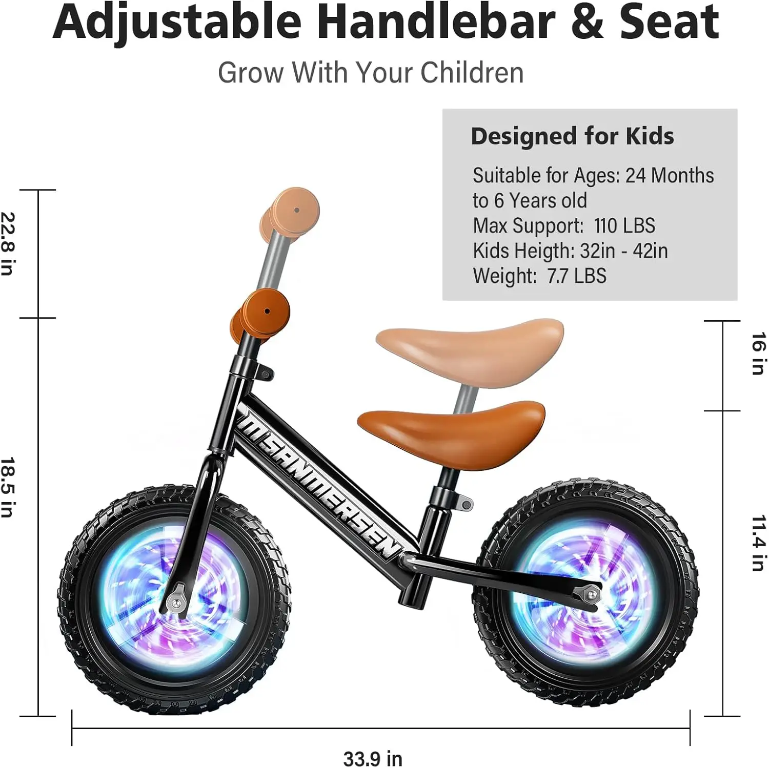 Kolorowe oświetlenie maluch rowerek biegowy 2 3 lata, rowerek biegowy z regulowana kierownica i siedzeniem, wiek od 24 miesięcy do 5 lat, 12I