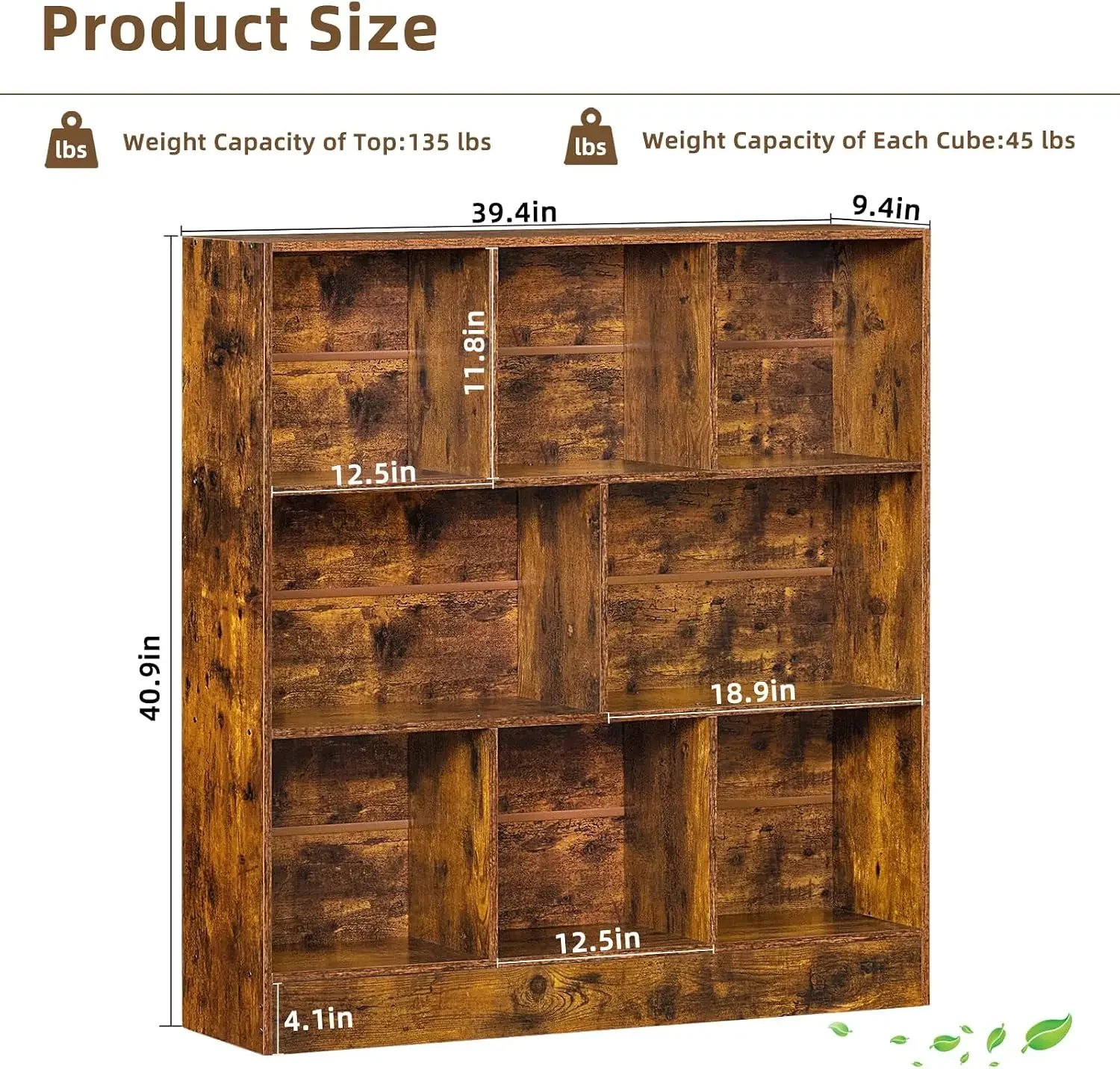 LEYAOYAO 8 Cube Bookshelf with Base,3 Tier Mid-Century Modern Brown Bookcase,Standing Wide Bookshelves Storage Organizer Shelf,R