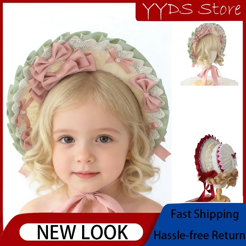 

Pastel Green Floral Lolita Straw Bonnet for Kids Classic Style Sweet Outdoor Sun Hat for Girls Daily Wear