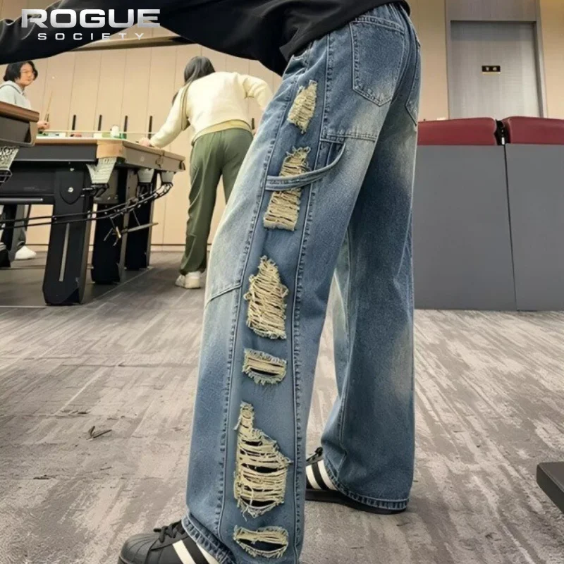 Novas Calças Jeans Flare Vintage Americanas com Franjas Rasgadas para Homens, Calças de Denim Desgastadas de Cintura Alta, Calças de Perna Larga Estil