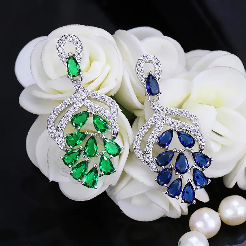 2024 Luxury Green Blue Red White Cubic Zirconia Big Flower Brand Dangle Earrings for Women Wedding Fashion Costume Jewelry Gift