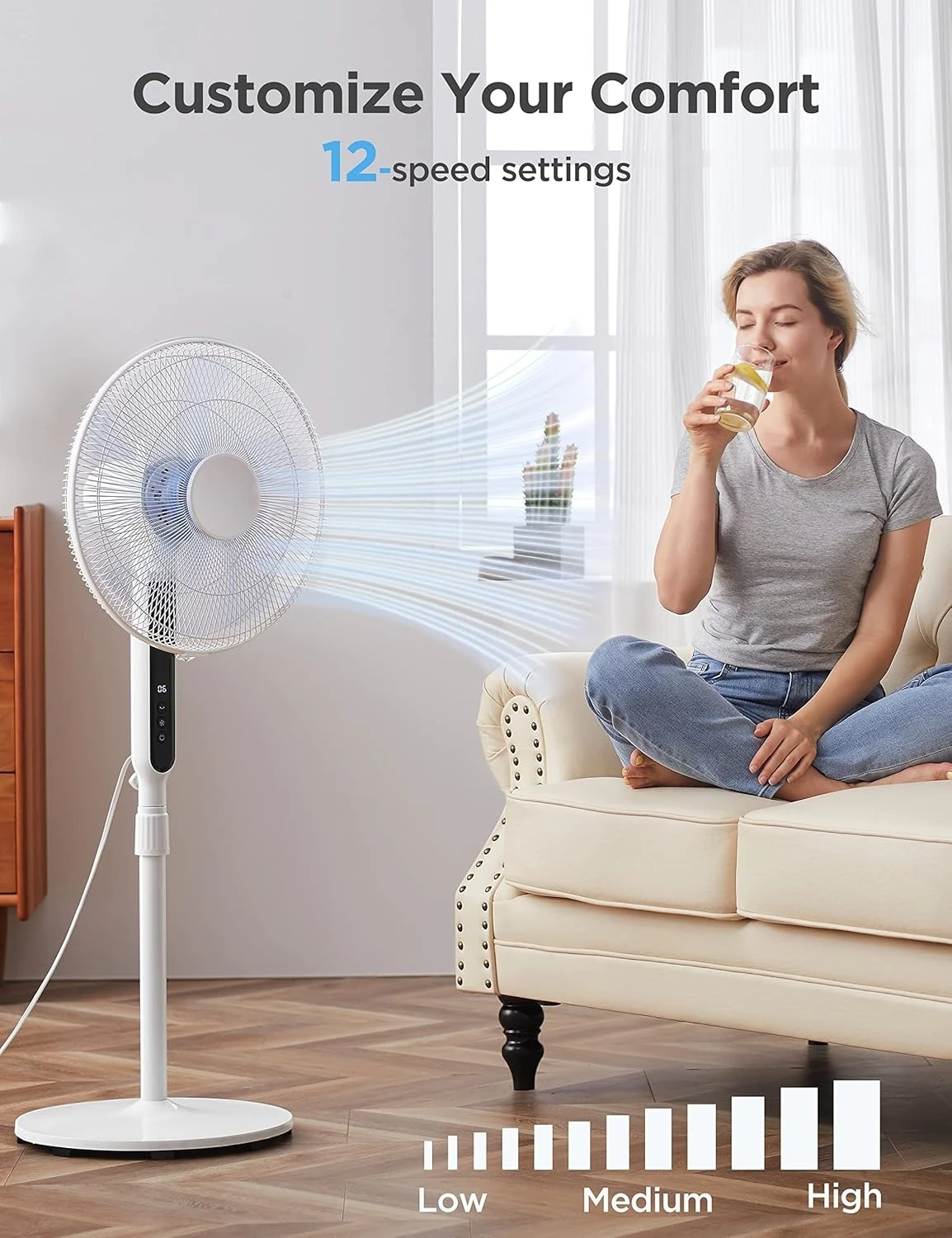 

16" Oscillating Pedestal Stand Up Fan Adjustable Height Ultra Quiet DC Motor | Remote Control | 12 Speed | 12-Hour Timer