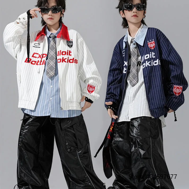 Boys K-pop Contrast Blue Shiny Jacket Street Dance Cargo Pants Girl Hip Hop Streetwear Kids Jazz Costume Children Clothes Set
