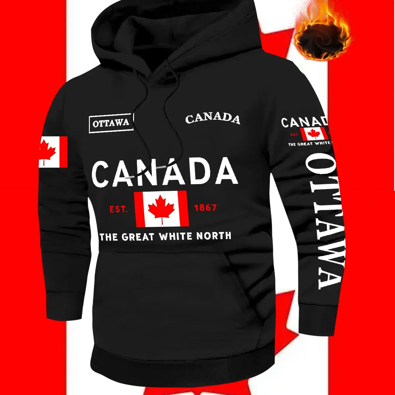 Sudadera con Capucha con Estampado Temático Canadiense, Chaqueta de Forro Polar de Poliéster para Hombre, Talla S-3XL, Corte Regular, Elementos de Ottawa y Diseño de Hoja de Arce
