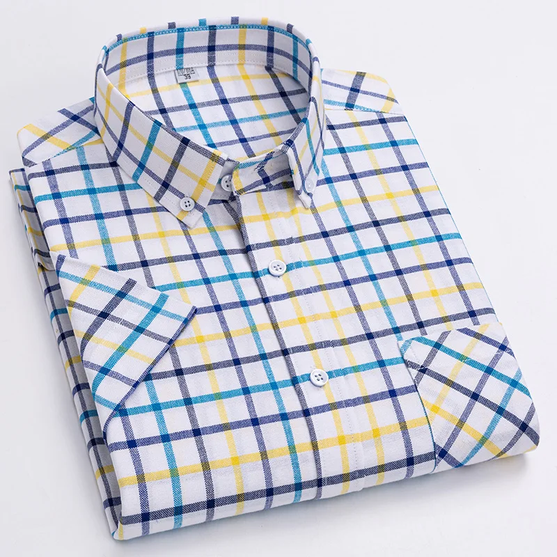 Summer Men Short Sleeve Plaid Shirt 100% Cotton Oxford Casual Thin Comfortable yellow Checkered Adolescent School Male Clothing