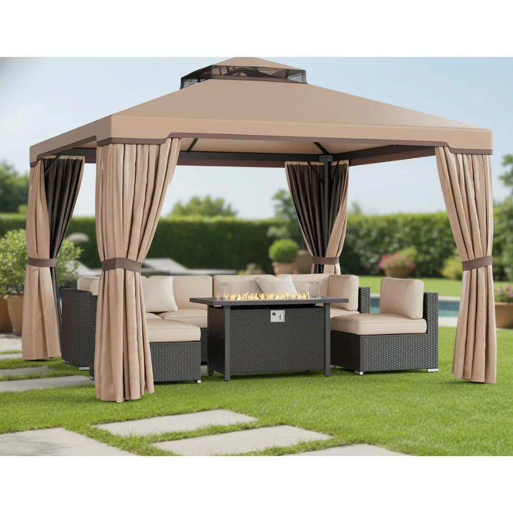 شرفة خارجية مقاس 10 × 10 مع ناموسية، مظلة سقف مزدوج للفناء الخلفي والحديقة والحفلات باللون البني #1