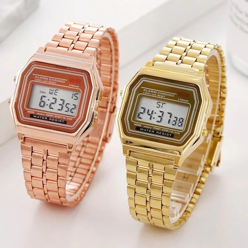 F91W Steel Band Watch Vintage Metal Strap Digital LED Display Wristwatch Electronic Clock Folding Pin Buckle Watchband Bracelet